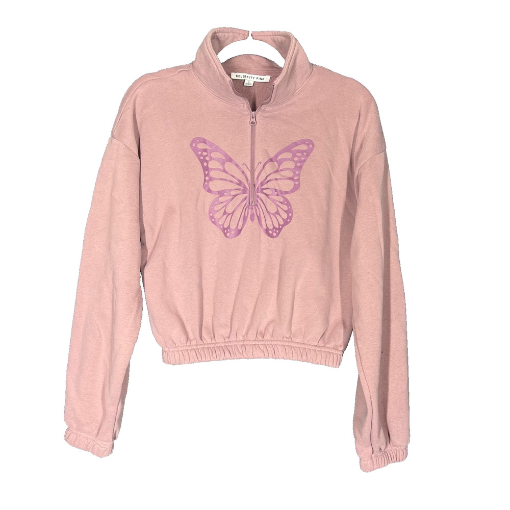 Celebrity Pink Sweatshirt Womens Medium Mauve Soft Fleece Cropped Butterfly Cozy